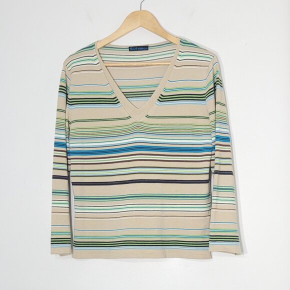 Point Zero Sweaters - Point Zero Multicolor Stripes V-Neck Cotton Blend Lightweight Pullover Sweater